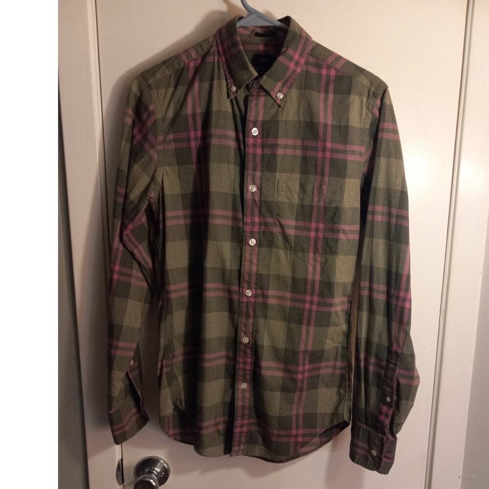 J Crew Slim Fit Olive Green Pink Plaid Button Down Shirt Preppy Heritage XS